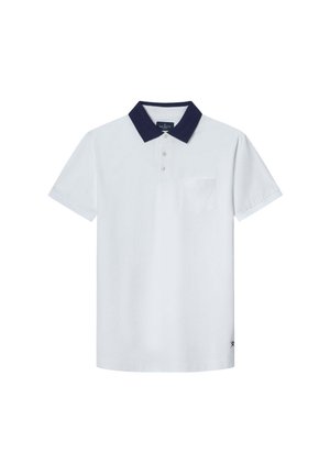 Witte polo shirt met een marineblauwe kraag, korte mouwen, een klein borstzakje en een drie-knopen sluiting. Glad katoenstof.