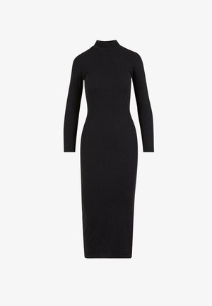 Fekete, testhez simuló midi ruha bordázott anyagból, magas nyakkal és hosszú ujjakkal, sima textúrával és díszítések nélkül.