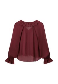 Blouse en chiffon bourgogne avec un col froncé, des manches longues et flottantes, et des poignets froncés. Coupe décontractée avec une texture légèrement transparente.