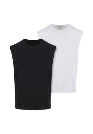 Black and white sleeveless crew neck muscle shirts with wide shoulder design, displayed against a white background.