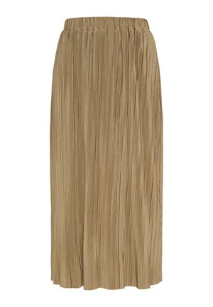 Plisovaná midi sukňa v pieskovej béžovej farbe, vyrobená z ľahkej látky s elastickým pásom. Obsahuje vertikálnu textúru a plynulý tvar.