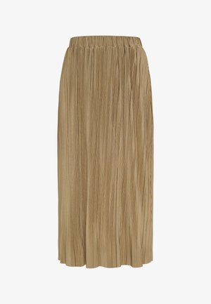 Pūsto midi svārki smilšu beigu krāsā, izgatavoti no viegla auduma ar elastīgu jostu. Iezīmē vertikālu tekstūru un plūstošu formu.