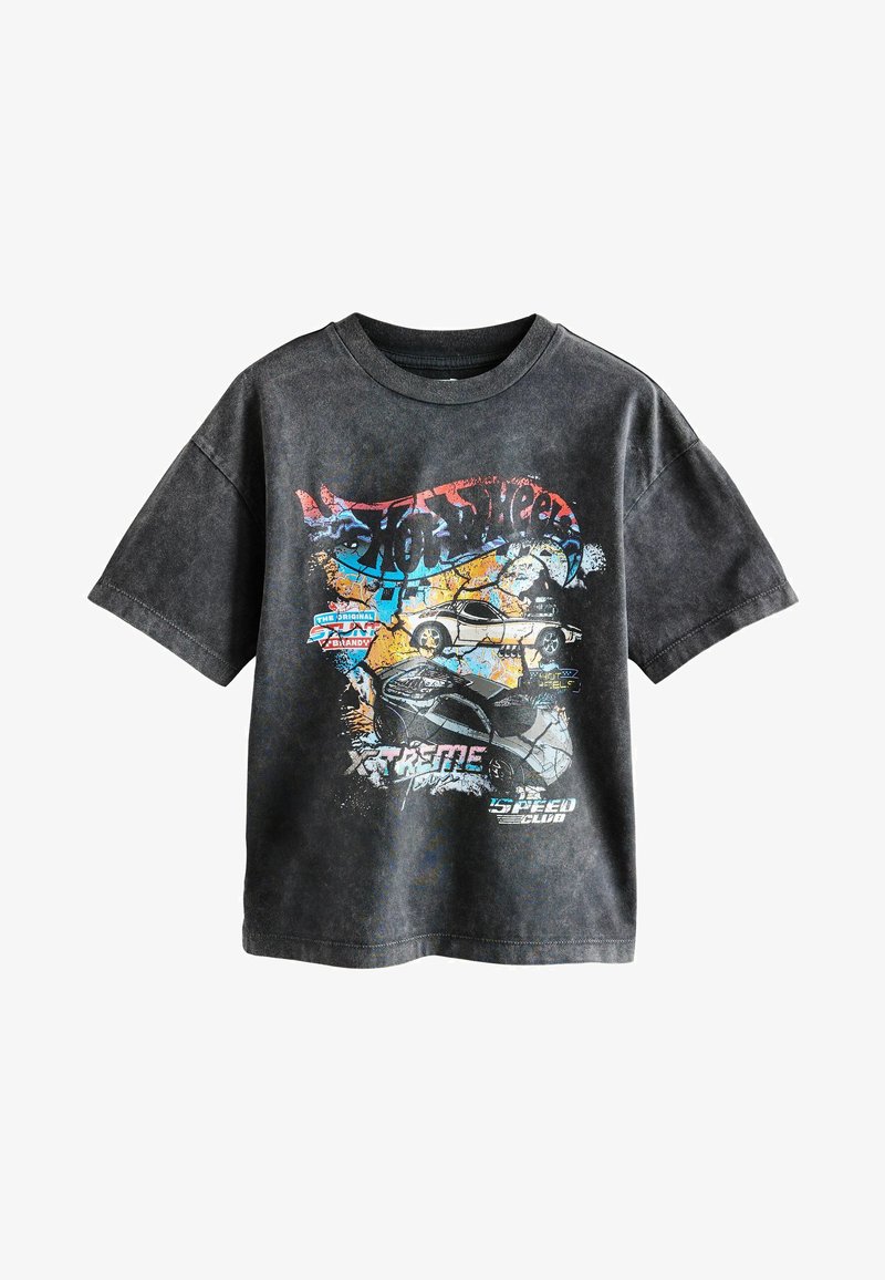 Black graphic t-shirt featuring a colorful print of cars and text elements. Short sleeves, crew neck design, and slightly distressed texture.