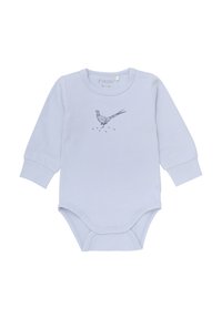 Ljust blå långärmad bodysuit gjord av mjukt tyg, med en svart fågelgrafik på framsidan och tryckknappar nertill.