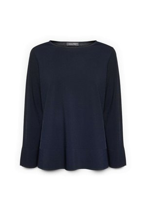 Top de manga larga azul marino con cuello redondo, ajuste relajado y mangas ligeramente acampanadas. Tejido liso con un diseño sencillo.