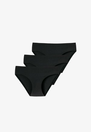 Drei schwarze nahtlose Damen-Unterhosen im Bikini-Stil, übereinander gestapelt auf einem weißen Hintergrund.