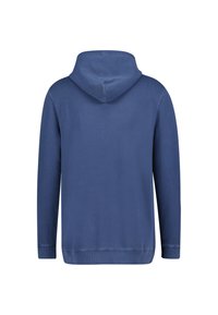 Marineblaue Kapuzenjacke mit einem lockeren Schnitt, ausgestattet mit einer Kordelzugkapuze, langen Ärmeln sowie gerippten Bündchen und Saum. Glatte Textur und minimales Design.