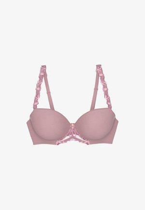 Mauve gepolsterter BH mit durchsichtigen Spitzenverzierungen an den Trägern und in der Mitte, versehen mit einem kleinen goldenen Hardware-Detail an der Vorderseite, glatte Textur.