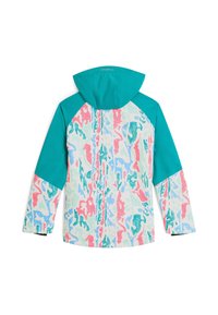 Vandskydende jakke med en teal hue og ærmer. Kroppen viser et flerfarvet abstrakt mønster i pink, blå og grøn.