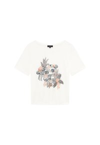 Camiseta de manga corta blanca con un diseño floral en tonos gris, verde oscuro y melocotón. Fabricada con una tela suave y transpirable.