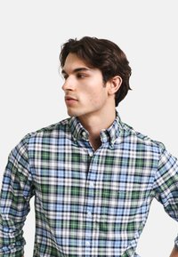 Herren Hemd im Karomuster, das eine Mischung aus Grün, Blau und Schwarz aufweist; mit Button-Down-Kragen, einer linken Brusttasche und Logo-Detail.