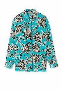 Turquoise button-up shirt featuring a leopard print design in black and cream with green accents, long sleeves, and a classic collar.