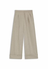 Beige wide-leg trousers with front pleats, side pockets, and rolled cuffs, made of a soft, textured fabric.