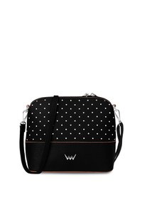 Black handbag crafted from textured material, featuring white polka dots, orange accents, a zip closure, and a detachable strap.