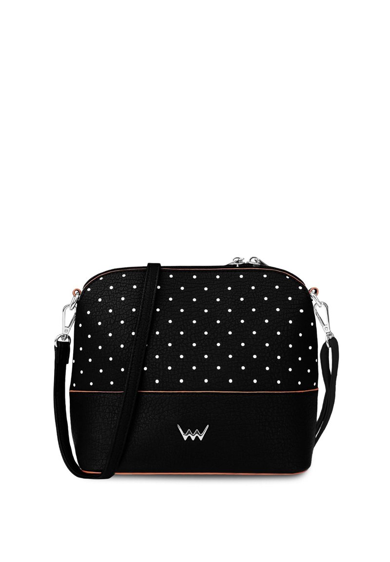 Black handbag crafted from textured material, featuring white polka dots, orange accents, a zip closure, and a detachable strap.