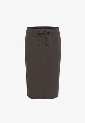 Donkergrijze, knielange rok van een katoenmix, met een elastische tailleband en een trekkoord en twee voorkanten zakken.