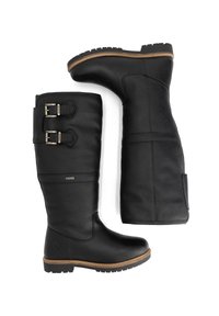 Een paar hoge zwarte leren laarzen met dubbele gespbanden en robuuste bruin afgewerkte zolen, getoond vanuit een zij- en onderaanzicht.