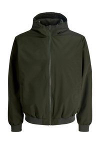 Hættetrøje i mørkegrøn, lavet af glat, let stof. Har en lynlås foran, elastiske manchetter og en tætsiddende talje.