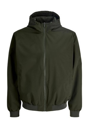 Tumedrohelise kapuutsiga jakk, valmistatud siledast, kergest kangast. Omab ees tõmblukku, elastseid varrukaotsi ja liibuvat taljet.