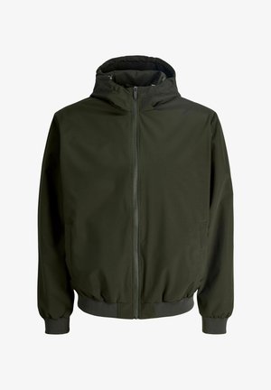 Veste à capuche vert foncé, en tissu lisse et léger. Elle possède une fermeture éclair frontale, des poignets élastiques et une taille cintrée.