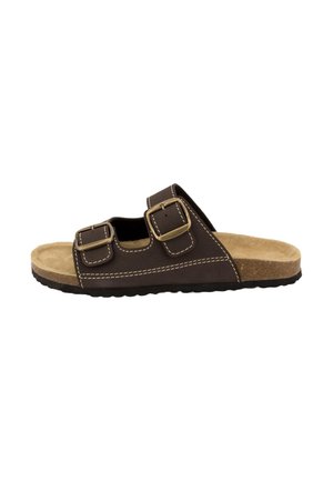 Sandalo marrone con punta aperta, due cinturini regolabili con fibbia e soletta imbottita beige su suola nera.