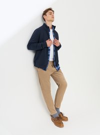 Giacca in pile blu navy sopra una camicia a quadri blu, t-shirt bianca, pantaloni beige e mocassini marroni con calzini grigi. Design a fronte piatta, vestibilità casual.