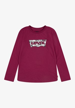 Chemise manches longues bordeaux avec un col rond et un logo Levi's blanc avec des motifs floraux noirs sur la poitrine.