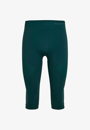 Leggings compressivi verde scuro fino al ginocchio con motivi strutturati sulle cosce e una fascia in vita con marchio.