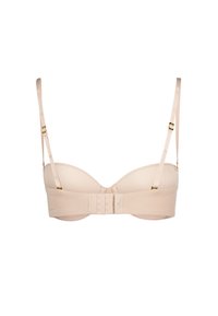 Beige underwire-rintaliivi, jossa on pehmeä kangas, kevyesti vuoratut kupit, säädettävät olkaimet ja hakaskiinnitys; sisältää kultasävyisiä koristeripustuksia.