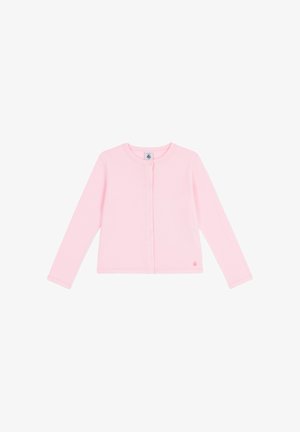 Cardigan a maniche lunghe con bottoni in cotone rosa tenue. Presenta uno scollo rotondo, orlo dritto e un piccolo logo sul lato inferiore destro.