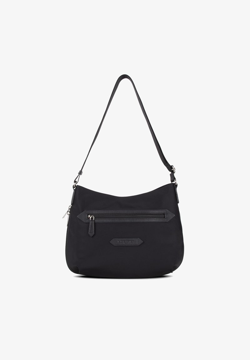 Borsa a spalla nera in nylon con una sola tracolla, dotata di una tasca frontale con zip e una texture liscia. Design minimalista con accenti hardware discreti.