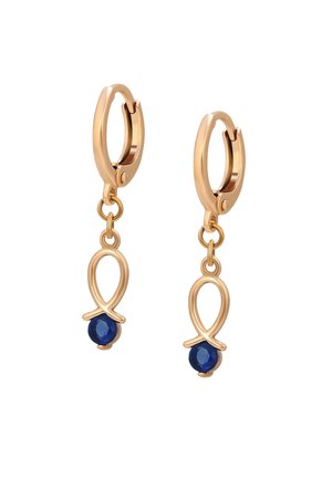 Goldfarbene Creolen mit einem fischförmigen Design, die einen hängenden blauen Edelstein besitzen. Glatte, polierte Oberfläche und sicherer Verschluss.