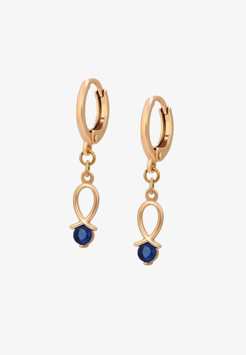 Orecchini ad anello color oro con un design a forma di pesce, caratterizzati da un pendente di pietra blu. Finitura liscia e lucida, e chiusura sicura.