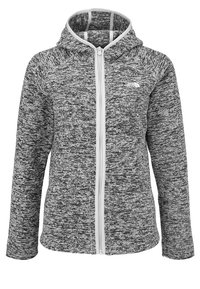 Felpa con zip grigio e nera melange, con zip bianca e piccolo logo bianco sul lato sinistro del petto, maniche lunghe e cappuccio attaccato.