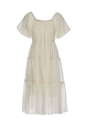 Abito midi beige chiaro con maniche corte a sbuffo, corpetto arricciato e gonna fluida a balze, con un piccolo fiocco sul collo.