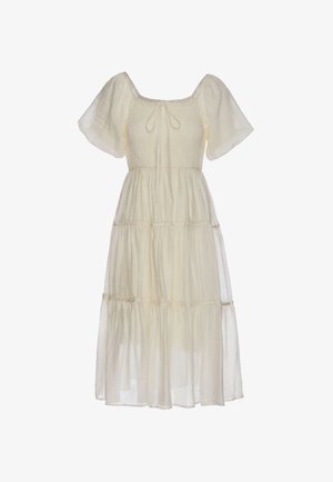 Hellbeiges, kurzes Midikleid mit Puffärmeln, gerafftem Oberteil und mehrstufigem, fließendem Rock, mit einer kleinen Schleife am Dekolleté.