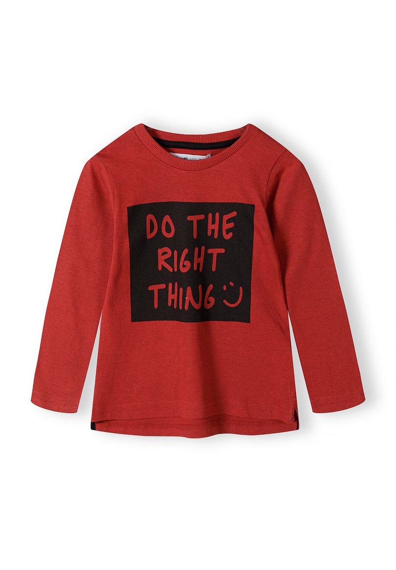 Rød langærmet T-shirt med sort rektangulær tryk, der viser "DO THE RIGHT THING" og en smiley. 100% bomuldsstof, rund halsudskæring, lige kant.