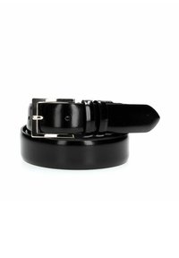 Cintura in pelle nera con una finitura liscia e lucida. Presenta una fibbia rettangolare in argento e fori distintivi per una vestibilità regolabile.