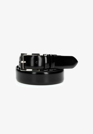 Cintura in pelle nera con una finitura liscia e lucida. Presenta una fibbia rettangolare in argento e fori distintivi per una vestibilità regolabile.