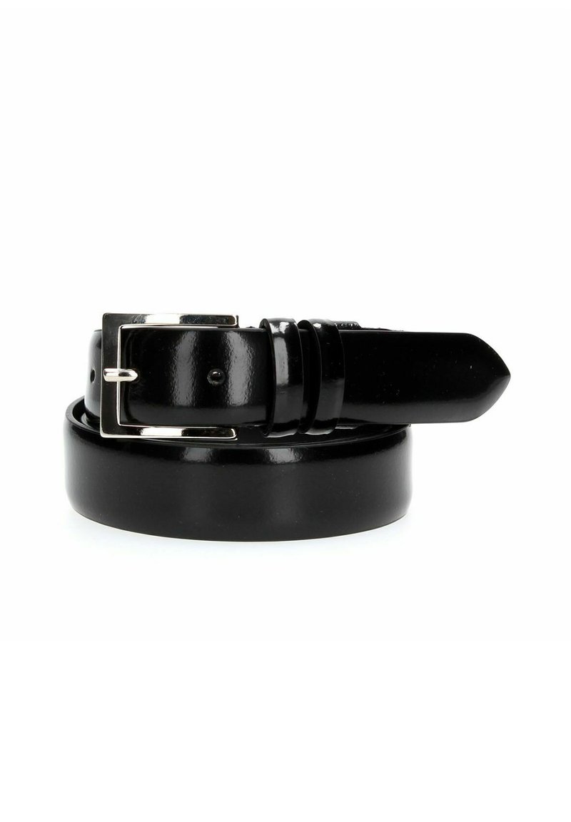 Cintura in pelle nera con una finitura liscia e lucida. Presenta una fibbia rettangolare in argento e fori distintivi per una vestibilità regolabile.