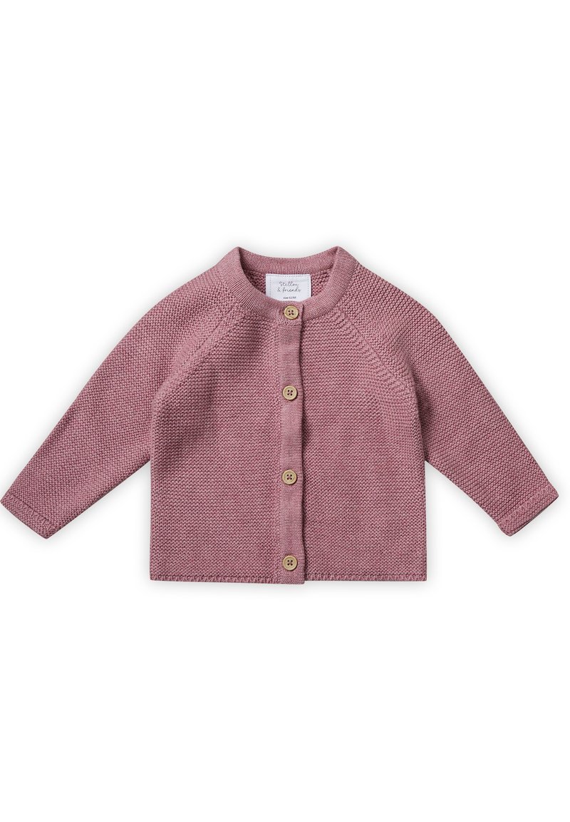 Strickjacke in sanftem Pink, mit langen Ärmeln, Rundhalsausschnitt und Holzknöpfen auf der Vorderseite. Strukturierter Körper mit gerippten Kanten.