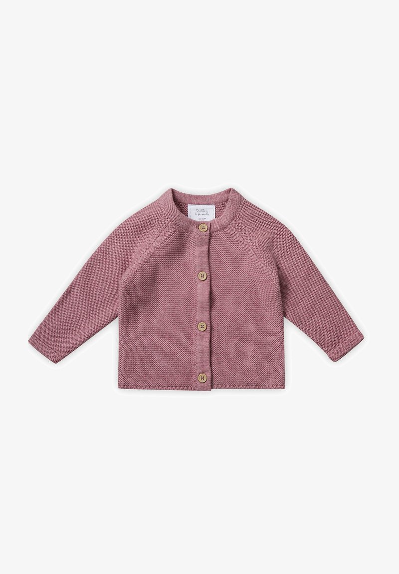 Cardigan lavorato a maglia in rosa pallido, con maniche lunghe, scollatura rotonda e bottoni in legno davanti. Corpo testurizzato con bordature a coste.