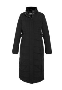 Czarna długa kurtka puchowa z wysokim kołnierzem, guzikami z przodu i paskiem. Teksturowana tkanina z pikowanym wzorem dla izolacji.