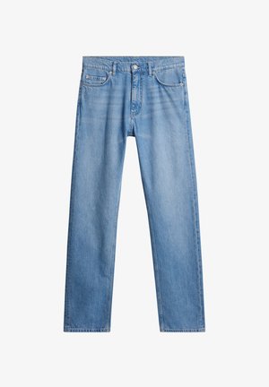 Ljusblå denimjeans med rak bendesign, fem fickor och metallknappstängning. Mönstrad tyg med blekta detaljer på framsidan.