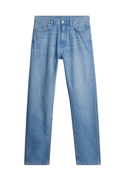 Ljusblå denimjeans med rak bendesign, fem fickor och metallknappstängning. Mönstrad tyg med blekta detaljer på framsidan.