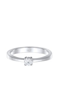 Sølvring i poleret 925 sterling, med en central rund diamant. Enkel bånddesign med glat, reflekterende overflade og rene linjer.