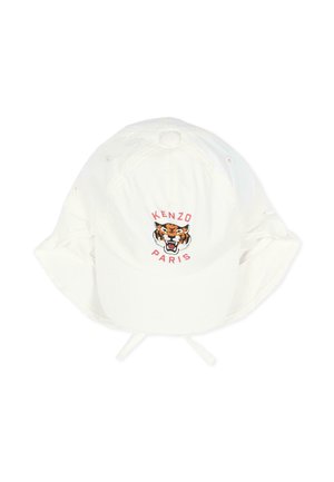 Chapeau de soleil blanc à large bord avec un motif de visage de tigre et le texte "KENZO PARIS" en rouge à l'avant, avec des liens ajustables en dessous.