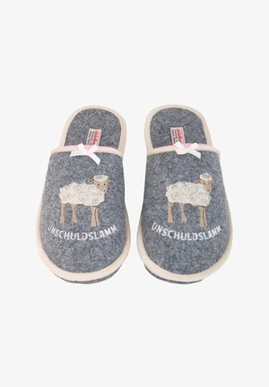 Gray felt slippers with a white sheep design, embroidered text "UNSCHULDSLAMM," and a pink bow accent on the upper edge. Soft texture.