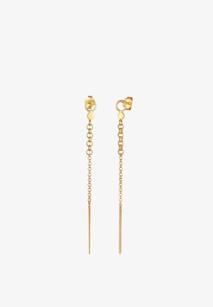 Złote kolczyki w kształcie kropli z linkowanym wzorem łańcucha i delikatnymi, prostymi zwisami. Gładka, metaliczna faktura z polerowanym wykończeniem.