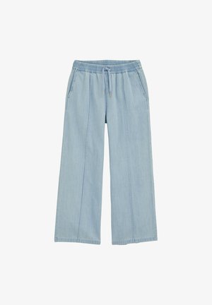 Svijetloplave široke hlače od mekog trapera, s elastičnim pojasom, vezicom i bočnim džepovima. Glatka tekstura.